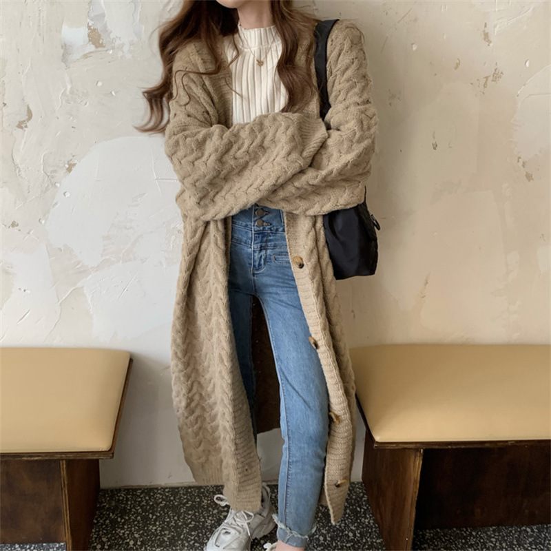 Dámsky Sveter Retro Thick Stitch Twist Cardigan Stredná Dĺžka