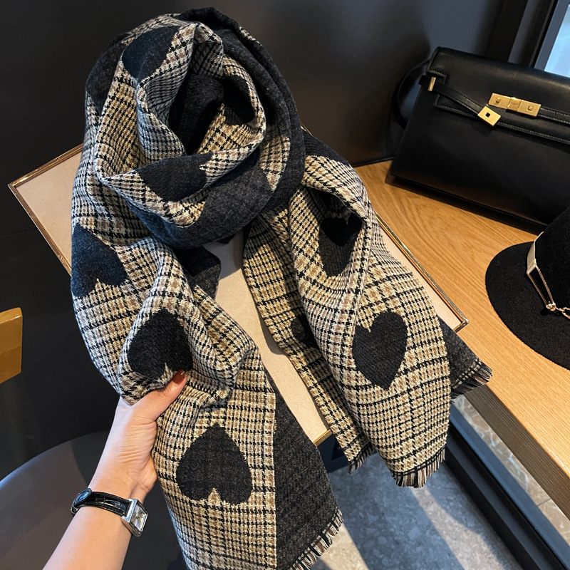 Trendy Šatka Dámska Zimná Obojstranná Dvojaké Použitie Love Kockované Houndstooth Kašmírový Multifunkčný Šál Jeseň