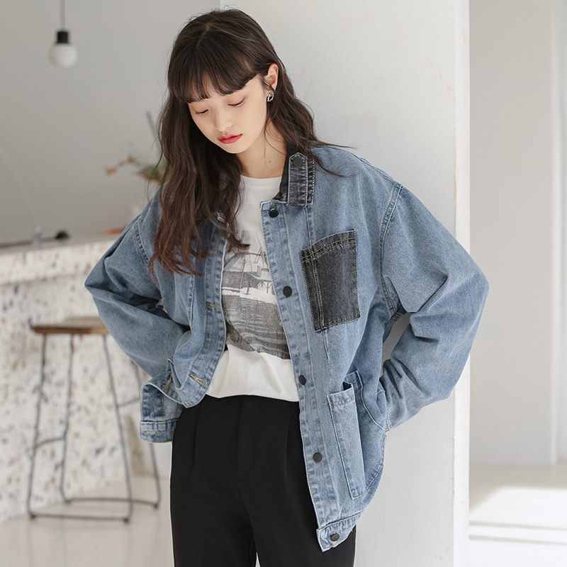 2023 Retro Color Block Denim Jacket Dámska Módna Voľná Bunda