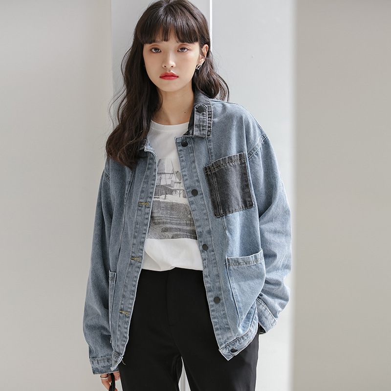 2023 Retro Color Block Denim Jacket Dámska Módna Voľná Bunda