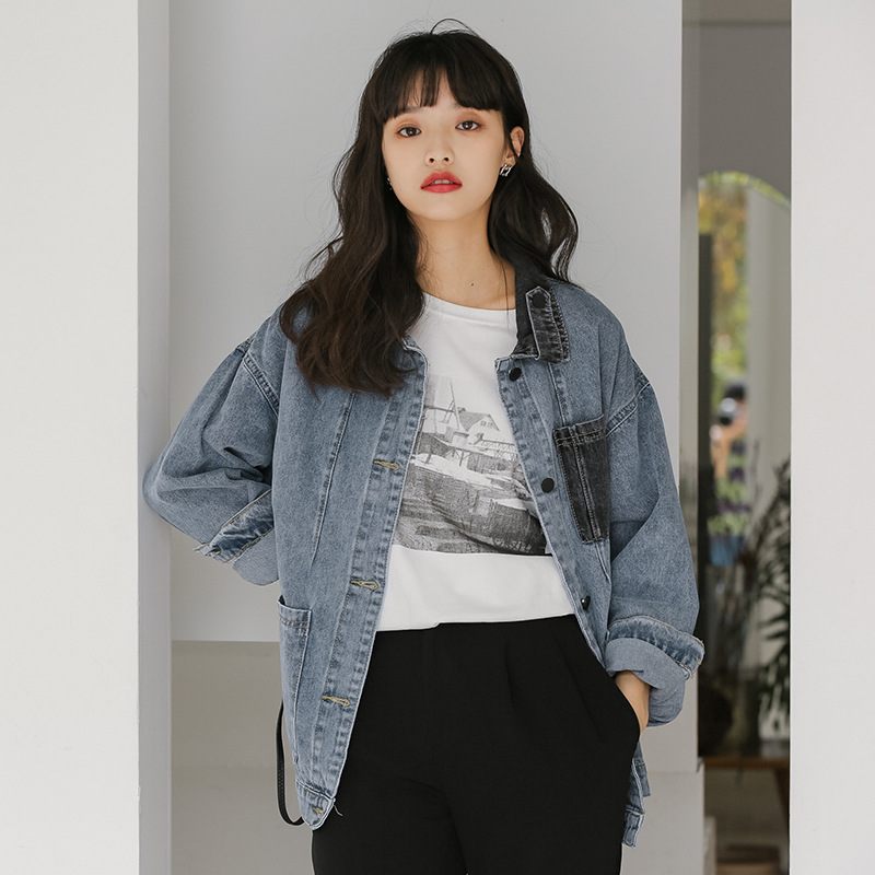 2023 Retro Color Block Denim Jacket Dámska Módna Voľná Bunda