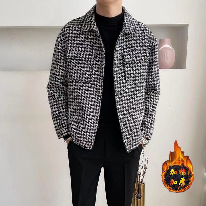 Pánske Vlnené Kabáty 2023 Houndstooth Lapel Jackets Trend