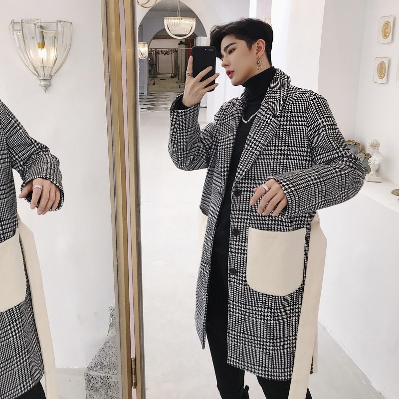 Dlhá Ležérna Pánska Vlnená Bunda Houndstooth Single Breasted Blazer Golier