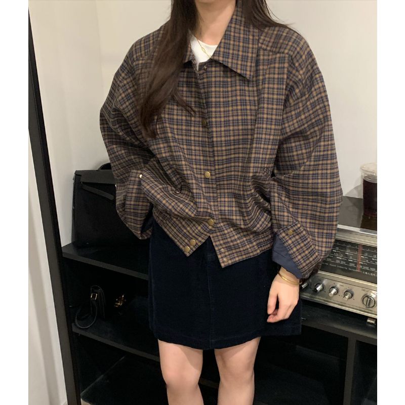 2023 Retro Short Check Coat Dámske Ležérne Topy