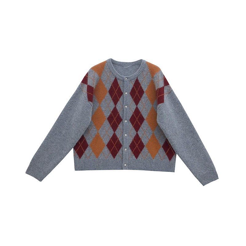 Retro Sveter Rhombus Cardigan Bunda Dámska Krátke Voľné Knitwear Trend