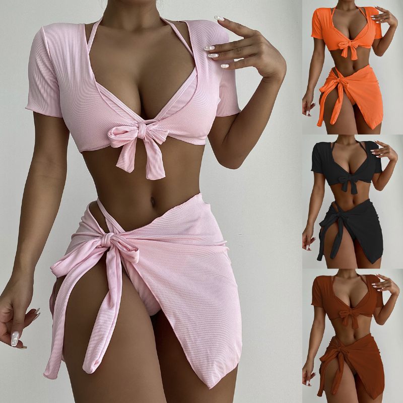 Nové Bikiny Štvordielne Plavky Značky Chanshuang Dámske V Čistej Farbe Viacdielny Set Bikini6314