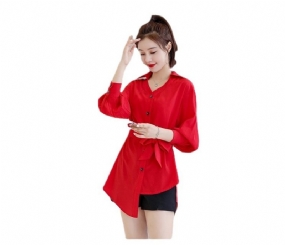 Červená Dámska Košeľa S Nepravidelným Šifónom Strednej Dĺžky