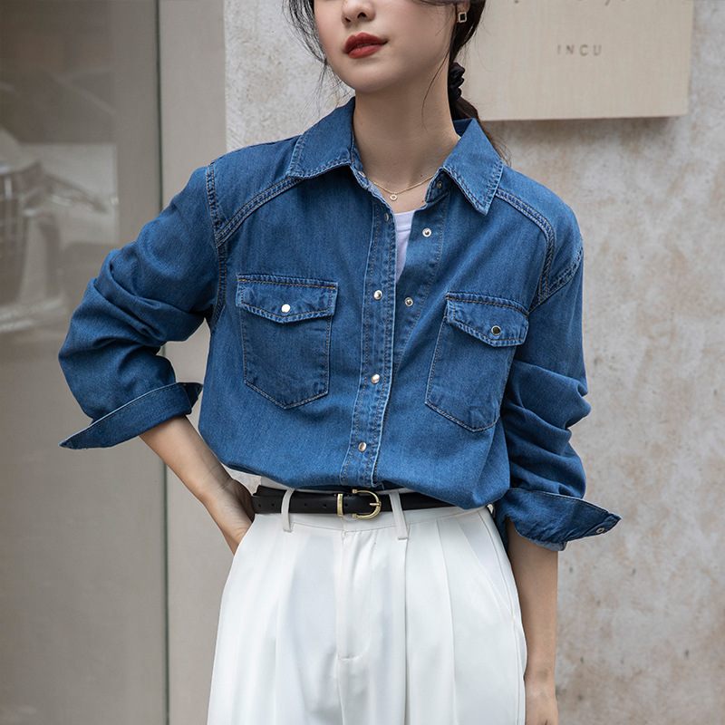 Retro Košeľa Lady Temperament Denim Modrý Top S Dlhým Rukávom