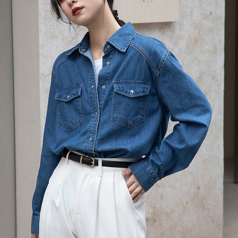 Retro Košeľa Lady Temperament Denim Modrý Top S Dlhým Rukávom