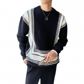 Pánsky Sveter Geometric Jacquard Color Block Loose Crew Neck