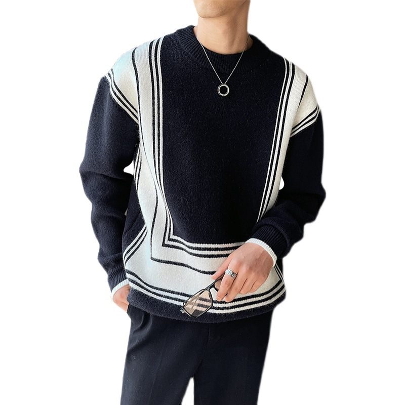 Pánsky Sveter Geometric Jacquard Color Block Loose Crew Neck