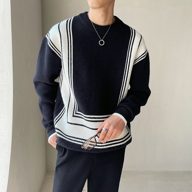 Pánsky Sveter Geometric Line Jacquard Color Block Loose Crew Neck Knit