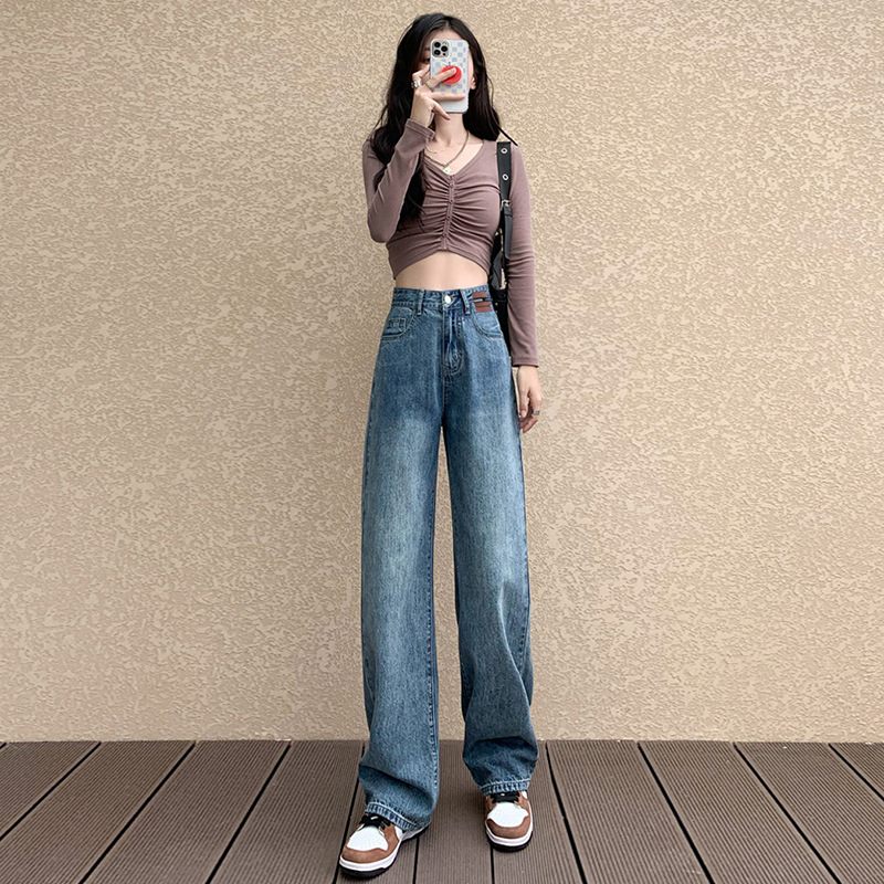 Retro Wide Leg Jeans Ladies Loose Rovné Trendy