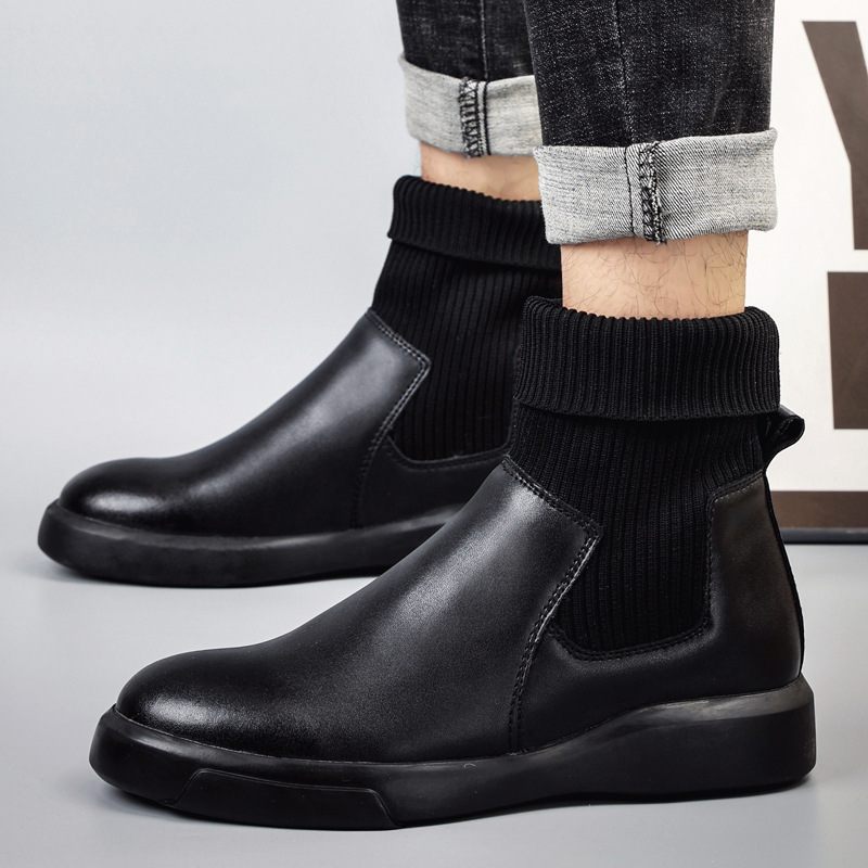 Pánske Čižmy Jesenné Nové Kožené Chelsea Boots Trendy Ponožky Členkové Čierne