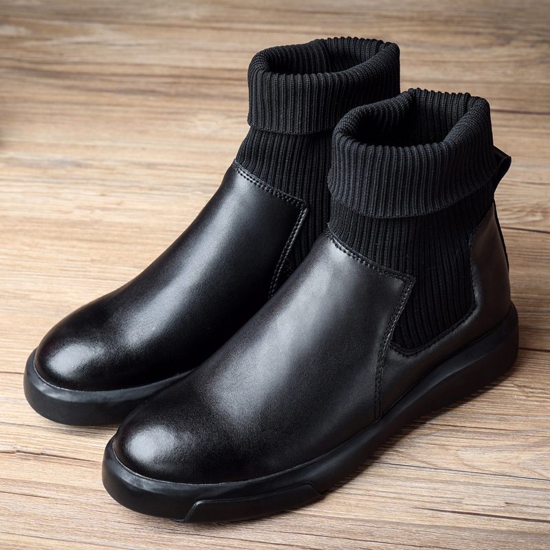 Pánske Čižmy Jesenné Nové Kožené Chelsea Boots Trendy Ponožky Členkové Čierne