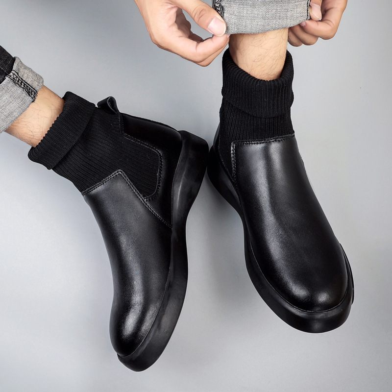 Pánske Čižmy Jesenné Nové Kožené Chelsea Boots Trendy Ponožky Členkové Čierne