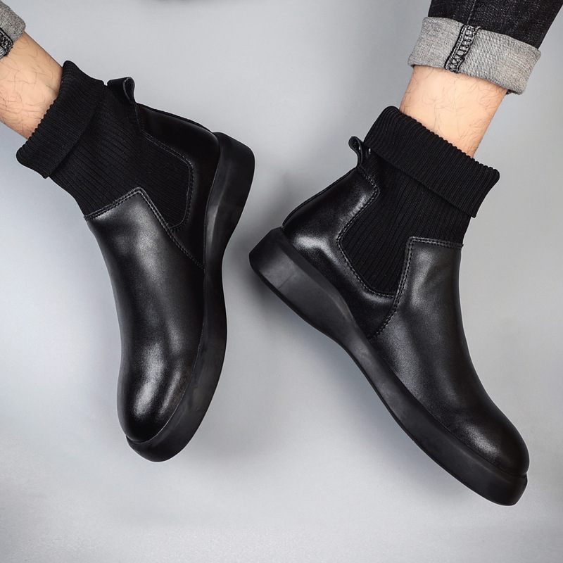 Pánske Čižmy Jesenné Nové Kožené Chelsea Boots Trendy Ponožky Členkové Čierne