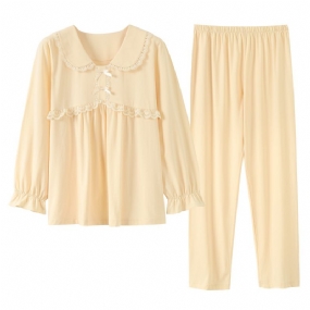 Bavlnené Dámske Pyžamo S Dlhým Rukávom Pohodlné Jednofarebné Domáce Oblečenie