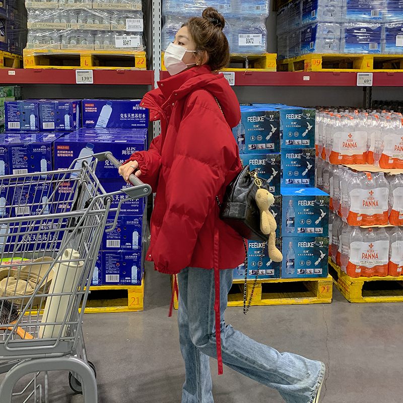 Červená Páperová Bunda S Kapucňou Dámska Krátka Voľná Teplá