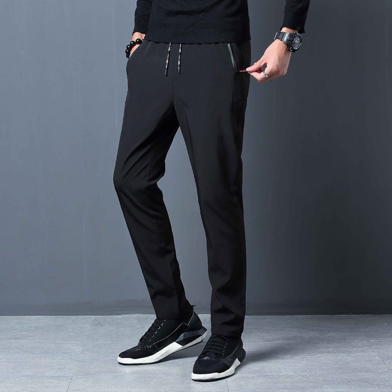 Nohavice Pánske Slim Fit Trendy Čierne Tepláky Voľné Malé Nohy Rovný Fit