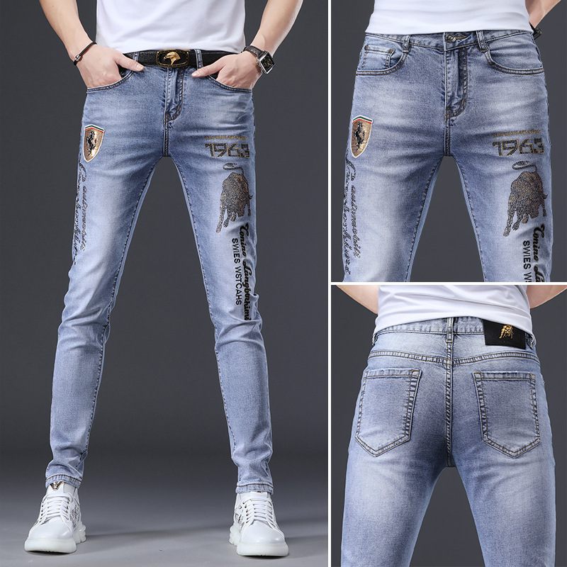 Pánske Džínsy Rust Flower Hot Drill Reflexné Stretch Slim Fit Malé Otvory Na Chodidlá