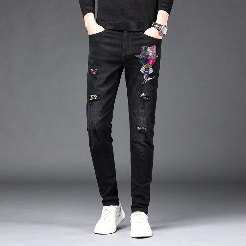 Pánske Džínsy Rust Flower Hot Drill Reflexné Stretch Slim Fit Malé Otvory Na Chodidlá